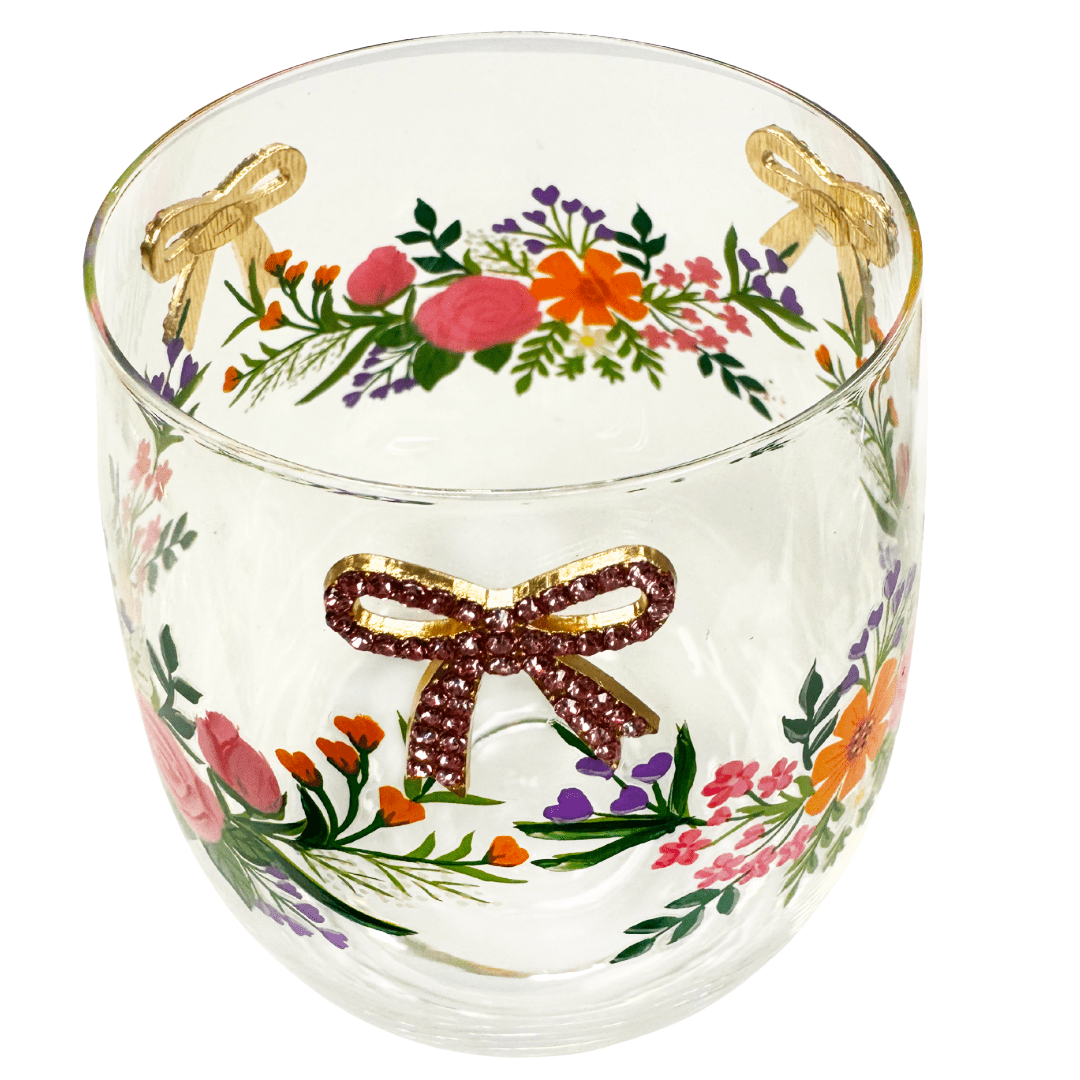 Floral & Bowtie Stemless Glass