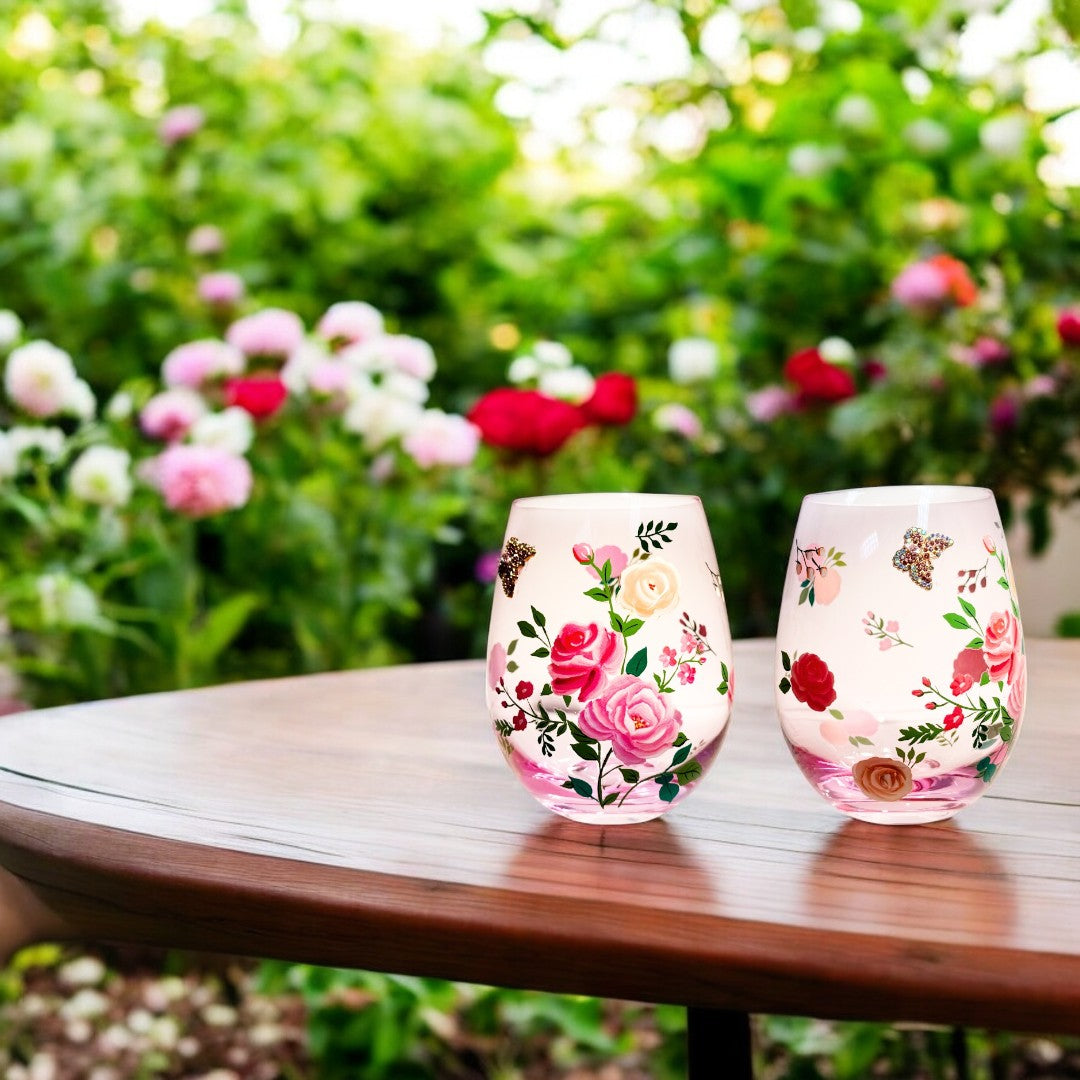 Pink Floral & Jeweled Butterfly Stemless Glasses