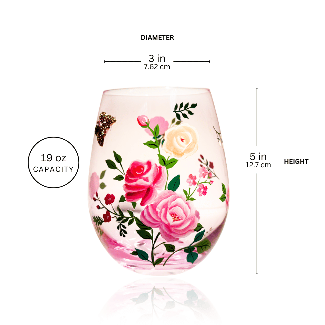 Pink Floral & Jeweled Butterfly Stemless Glasses
