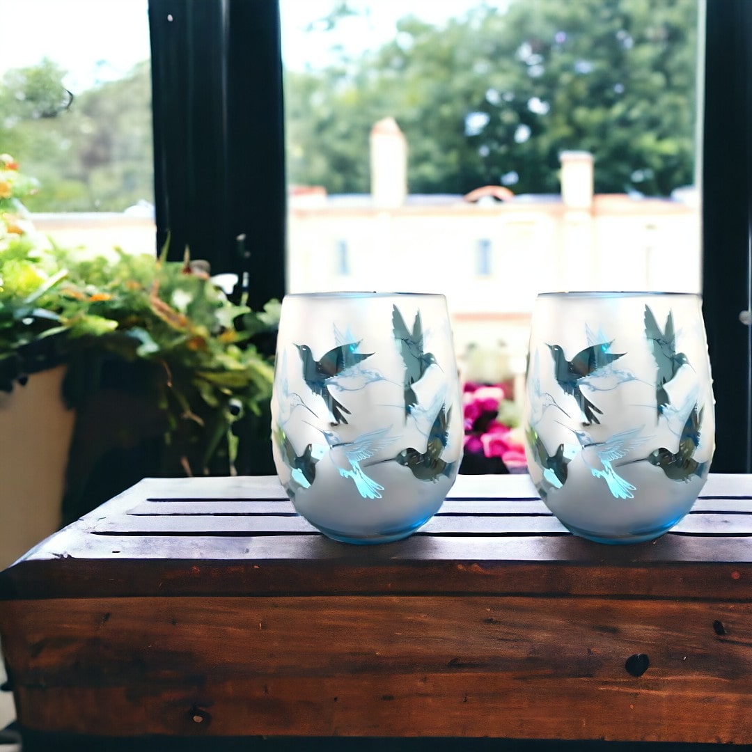 Blue Hummingbird Stemless Glasses