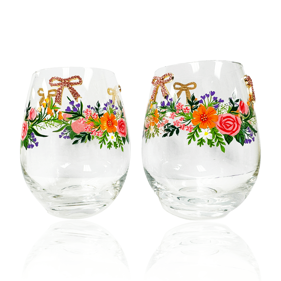 Floral & Bowtie Stemless Glass