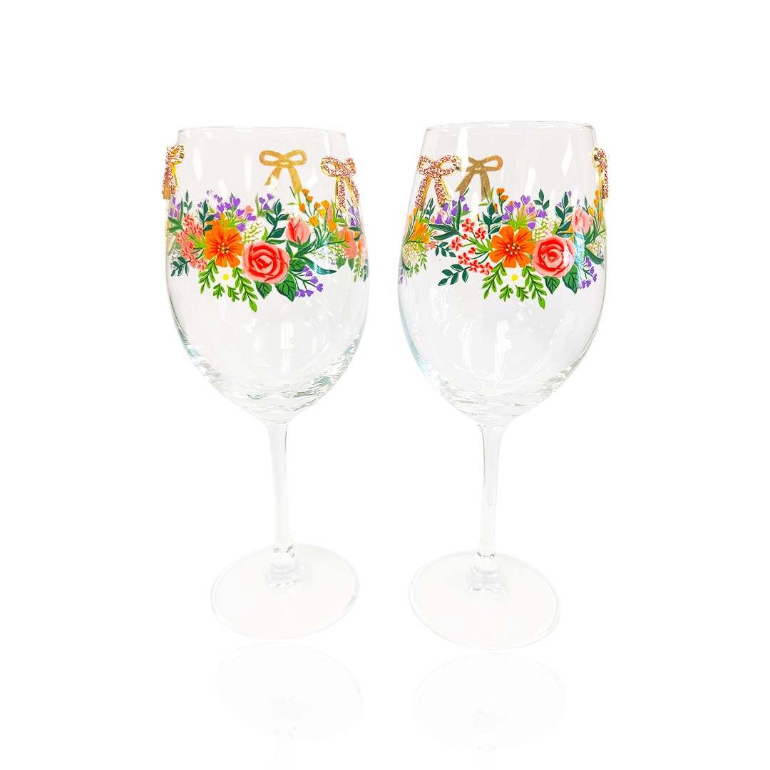 Floral & Bowtie Wine Glass
