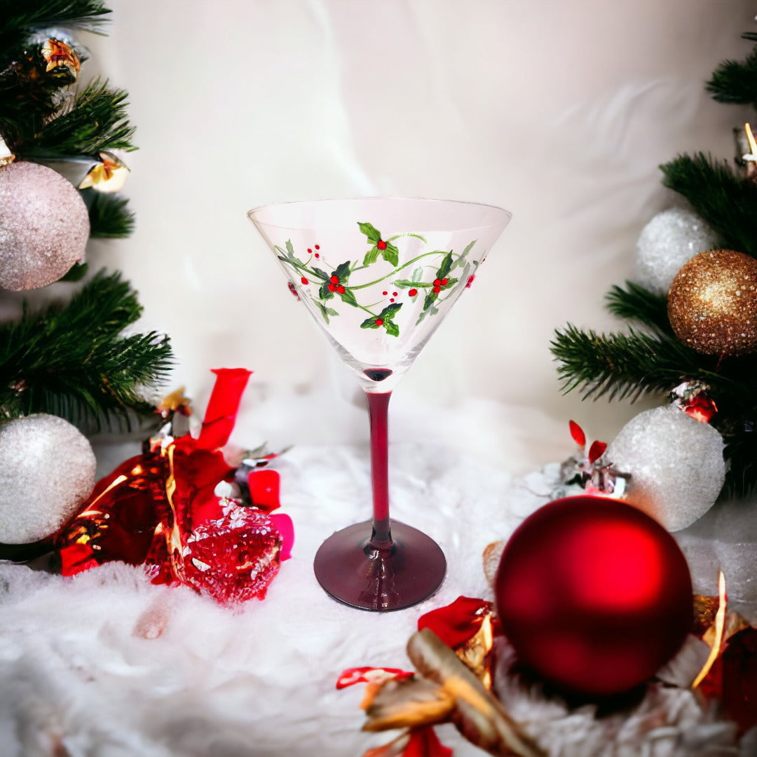 christmas martini glasses, holly martini glasses, martini gifts for her, christmas martini gifts