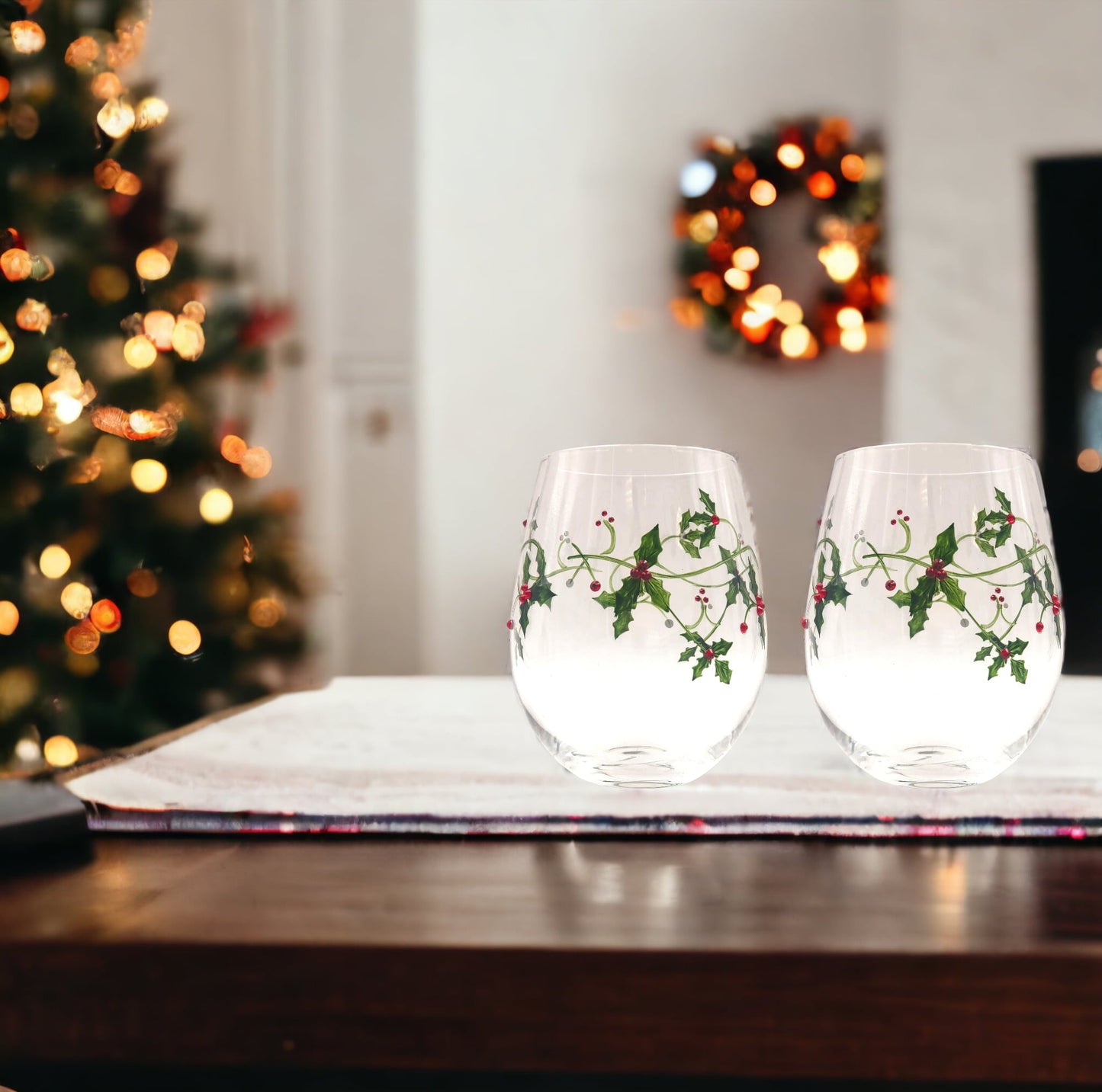 Christmas Wine Glasses (Set of 2) | Hand-Painted Wine Glasses | Winter Holiday Stemless Wine Glasses
