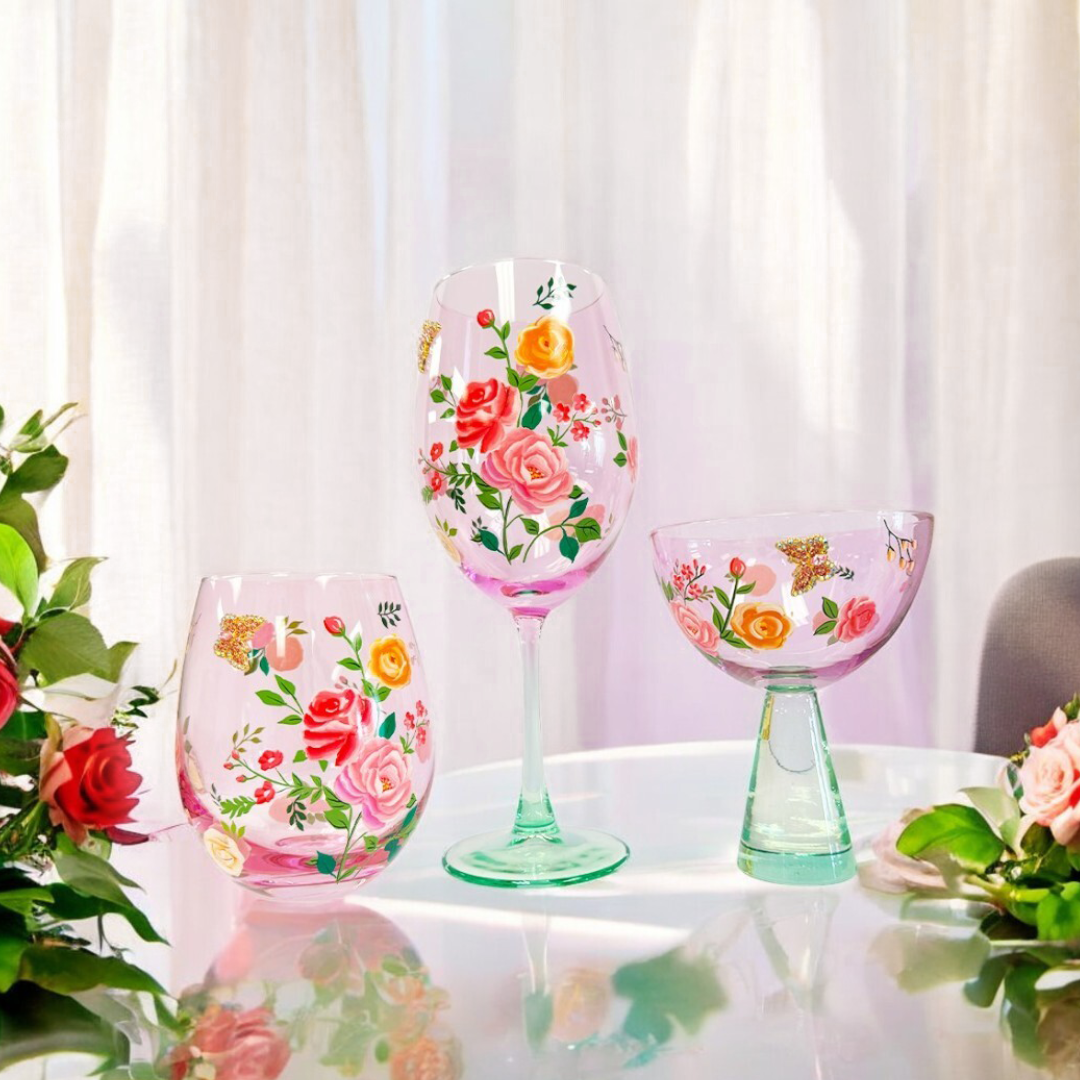 Pink Floral & Jeweled Butterfly Stemless Glasses