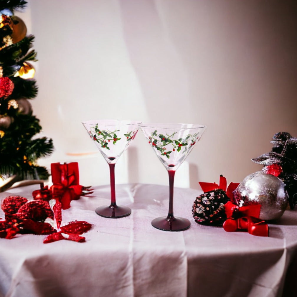 christmas martini glasses, holly martini glasses, martini gifts for her, christmas martini gifts