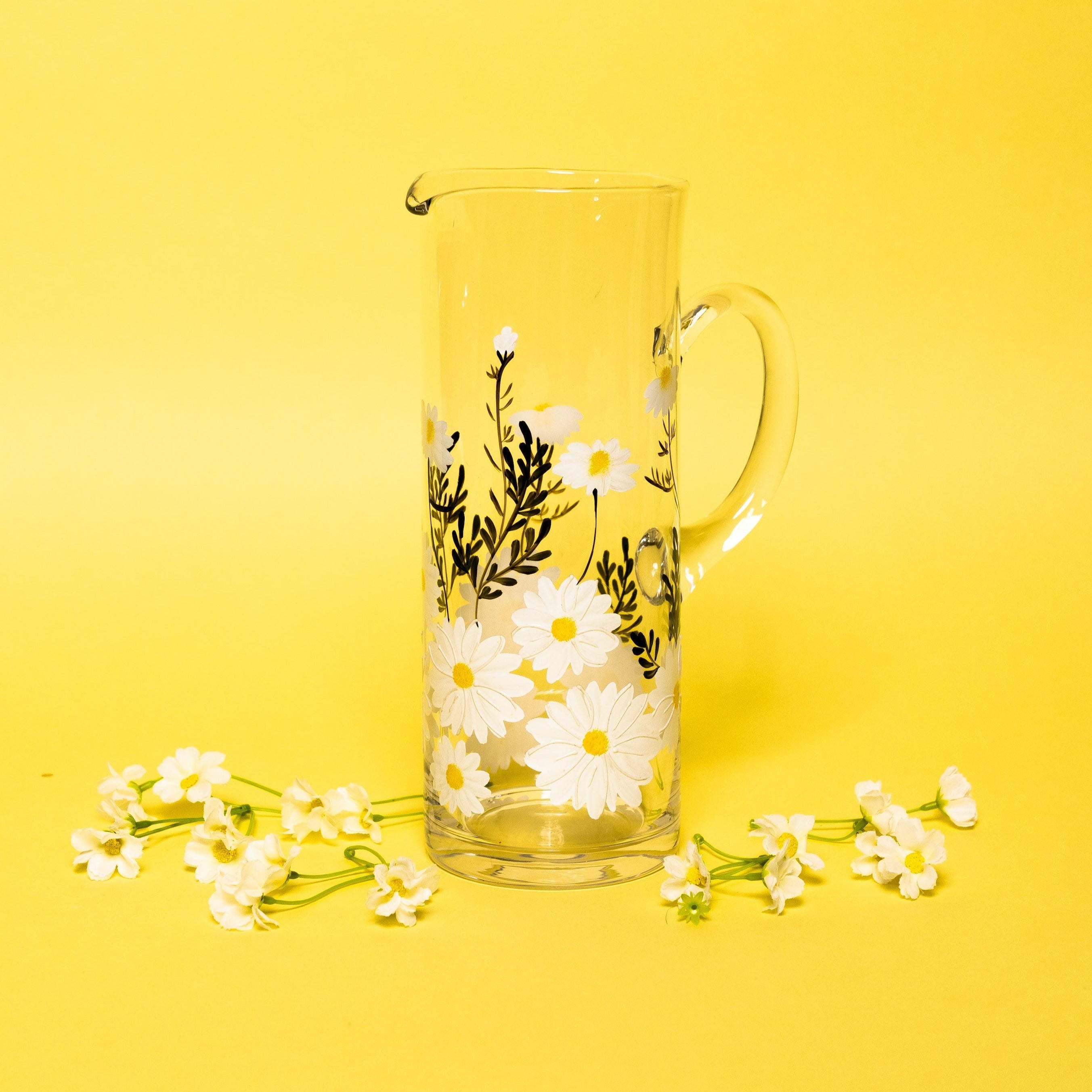 Daisy Painted Glass Mugs, Glass Cup Set