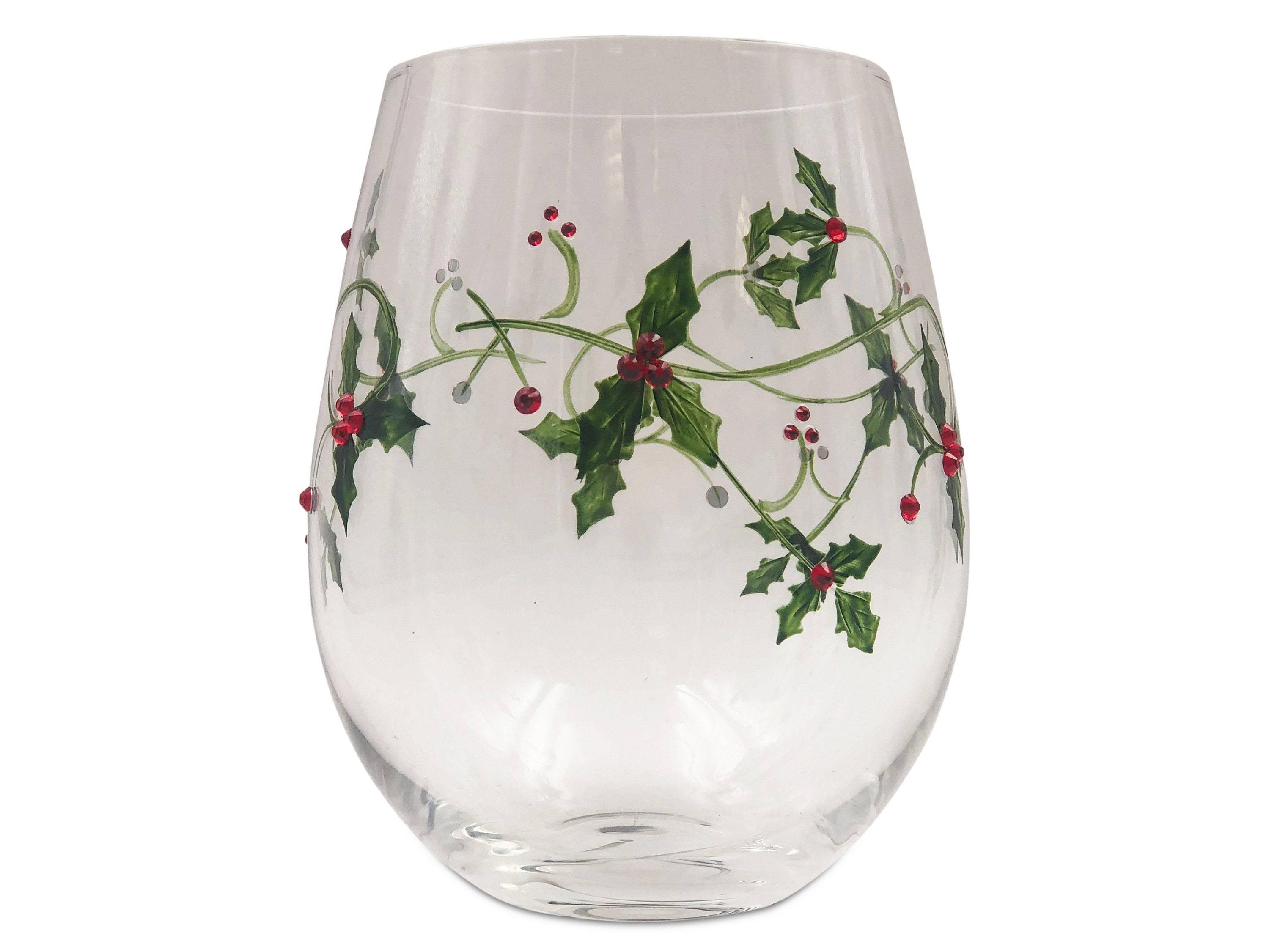 Christmas Wine Glasses and Matching Carafe Hand Painted Holly 