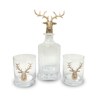 Gold Stag Deer Decanter & Whiskey Glass Bundle