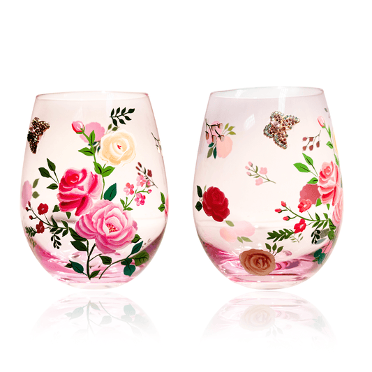 Pink Floral & Jeweled Butterfly Stemless Glasses