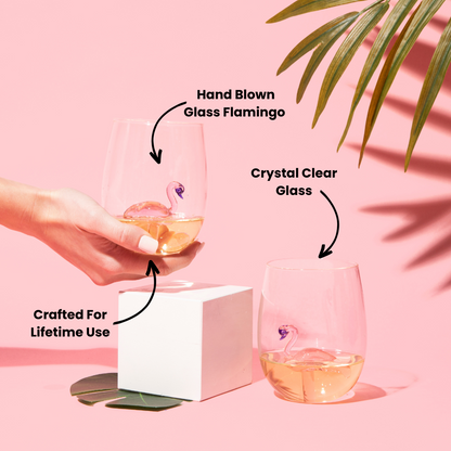 flamingo stemless wine glasses, flamingo glass, flamingo glasses, flamingo glassware, flamingo wine glass, flamingo glass cup, flamingo wine, hand blown wine glass, stemless wine glass, wine glass gift box