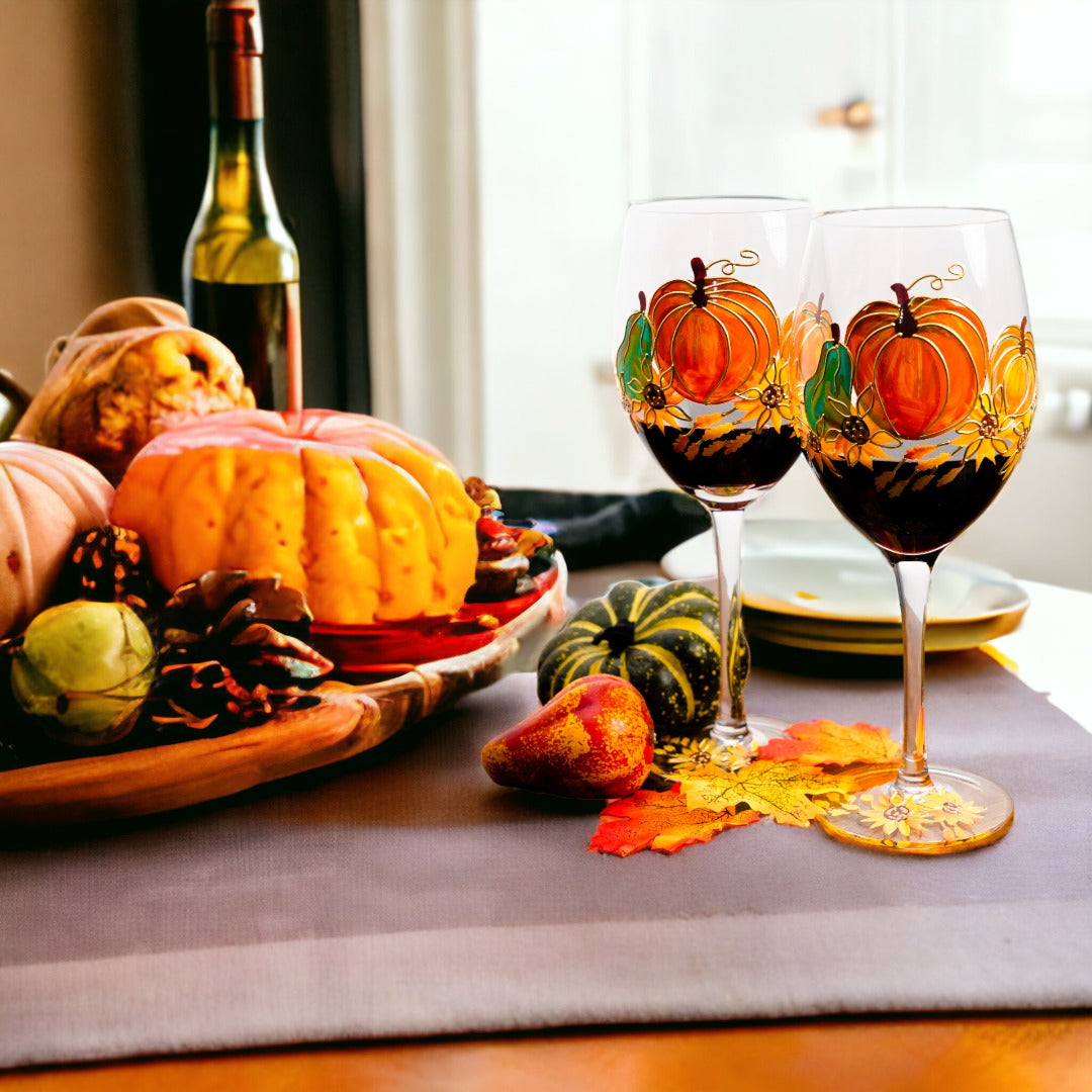 Thanksgiving Wine Glasses (Set of 2) | Thanksgiving Decorations for Table | Fall Wedding Decor | Fall Centerpiece | Pumpkin Mug |