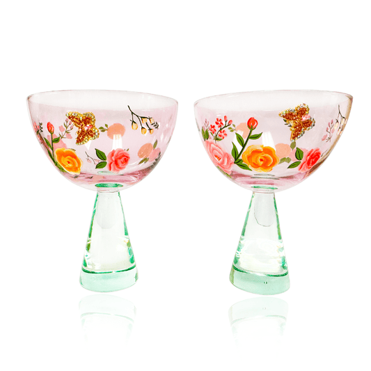 Pink Floral & Jeweled Butterfly Coupe Glass