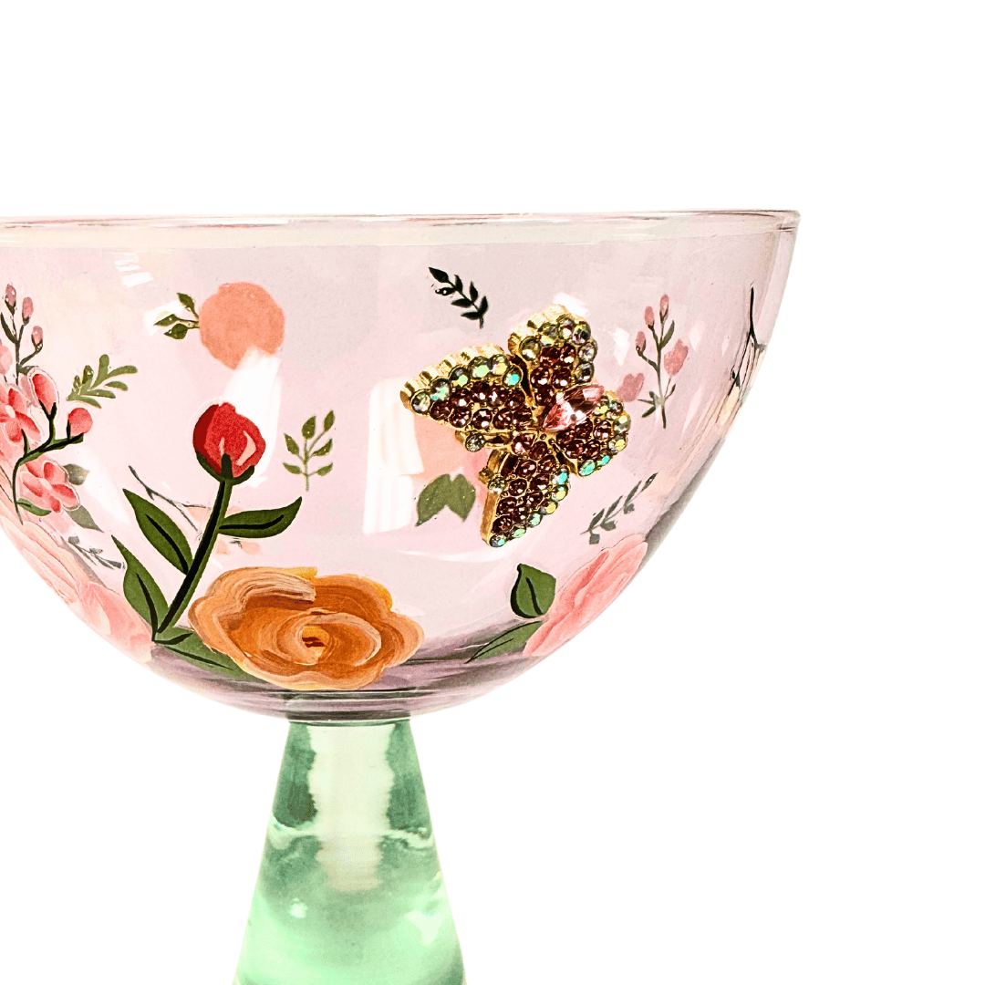 Pink Floral & Jeweled Butterfly Coupe Glass