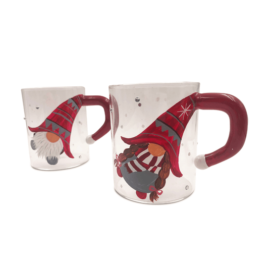 Christmas Coffee Mug (Set of 2) | Painted Gnome Glass Coffee Mug Designs | Gnome Mug | Coffee Bar Decor | Winter Gnome | Espresso Cups |