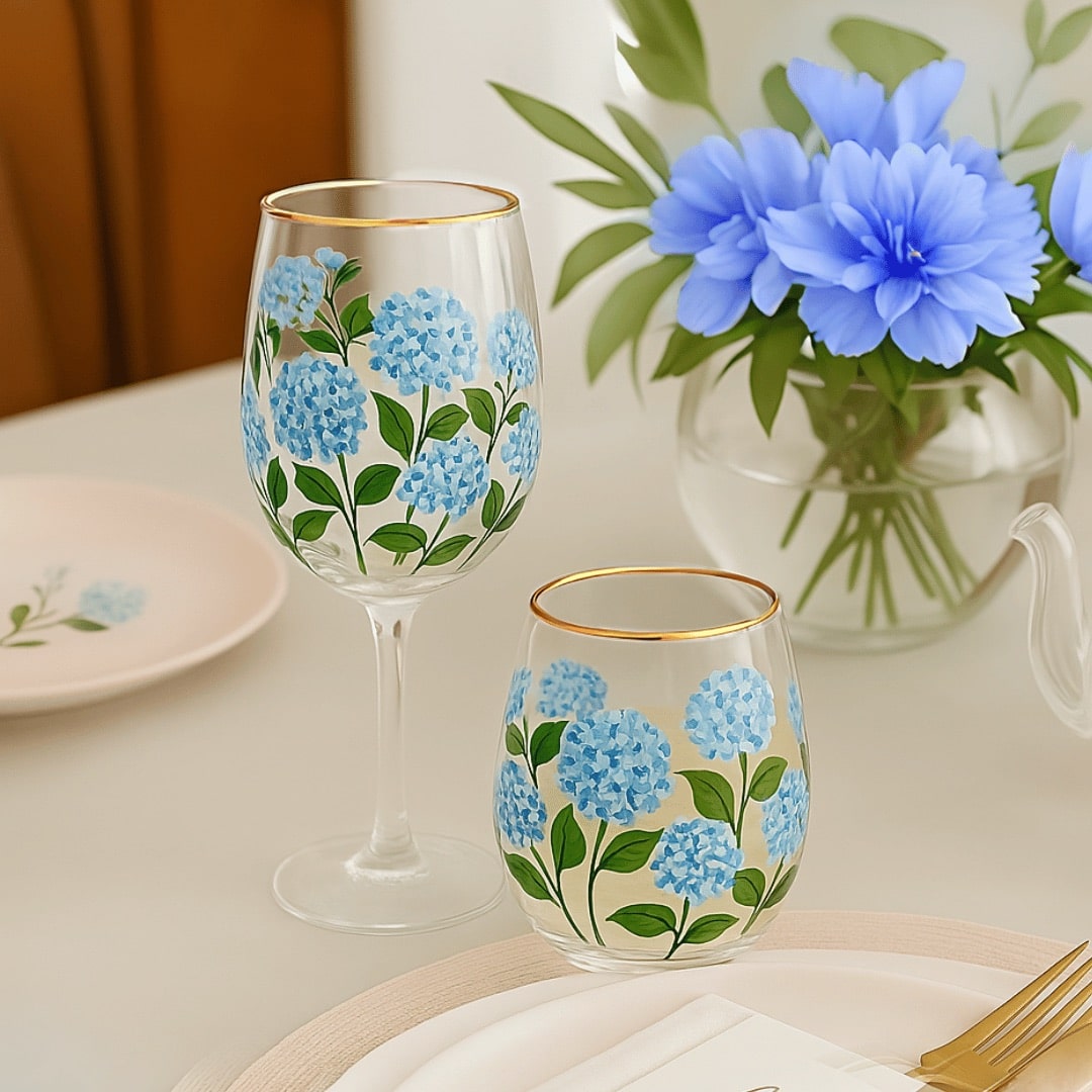 Painted Blue Hydrangea Wine Glass