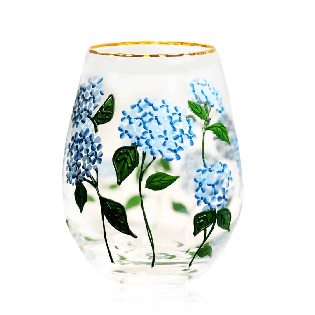 Painted Blue Hydrangea Stemless Glasses