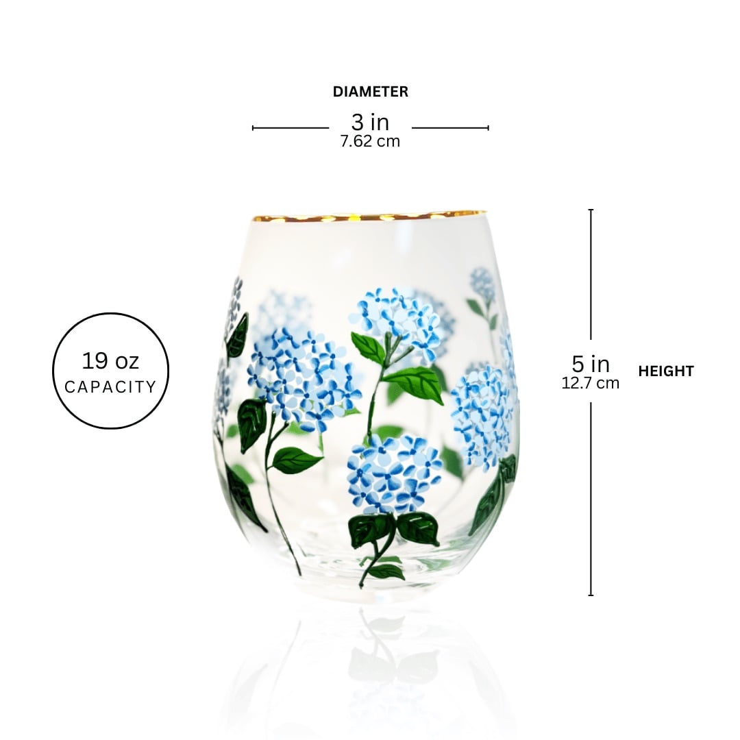 Painted Blue Hydrangea Stemless Glasses