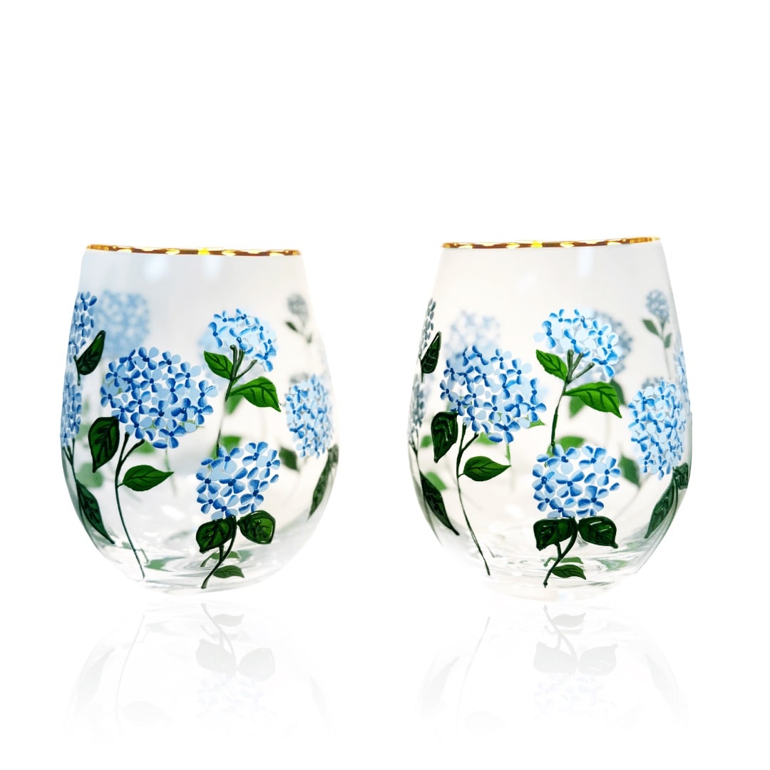 Painted Blue Hydrangea Stemless Glasses