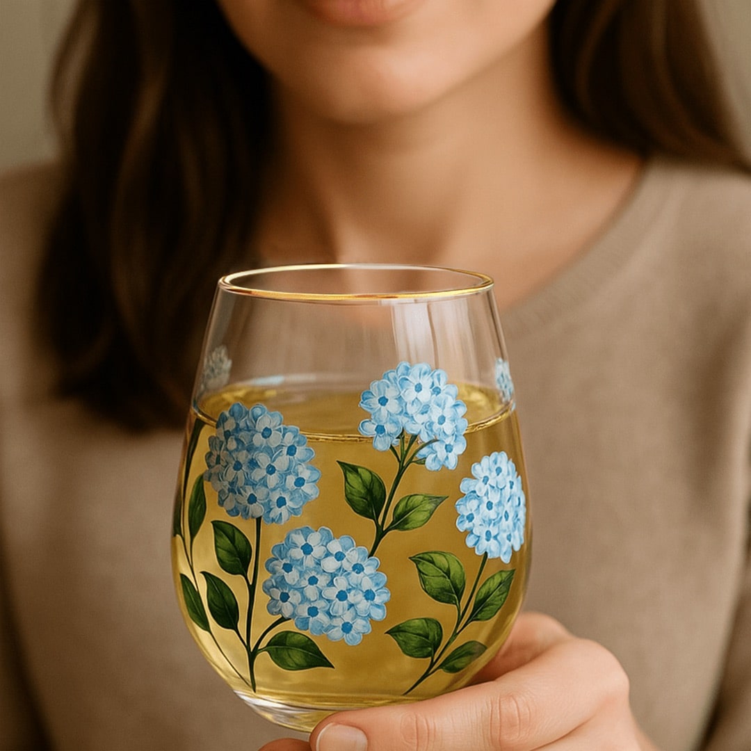 Painted Blue Hydrangea Stemless Glasses