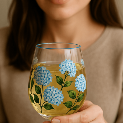 Painted Blue Hydrangea Stemless Glasses
