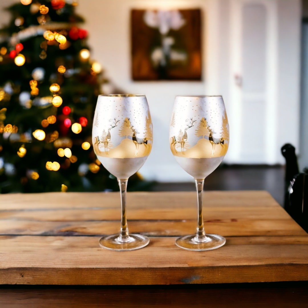 x2 Christmas Rhinestone Gold Reindeer Stemless Wine Glass Set Deer Holidays  NEW