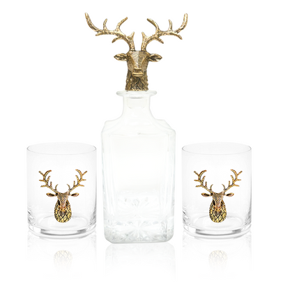 Gold Stag Deer Decanter & Whiskey Glass Set