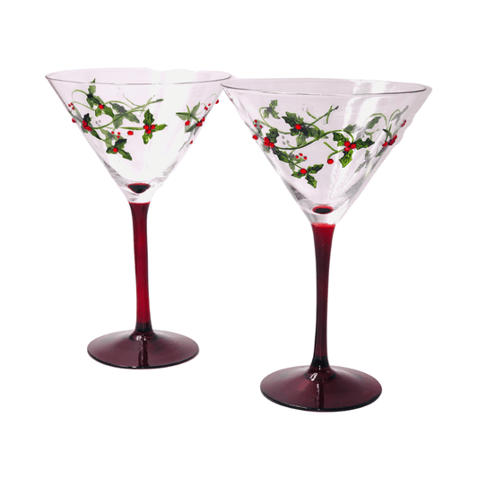 christmas martini glasses, holly martini glasses, martini gifts for her, christmas martini gifts