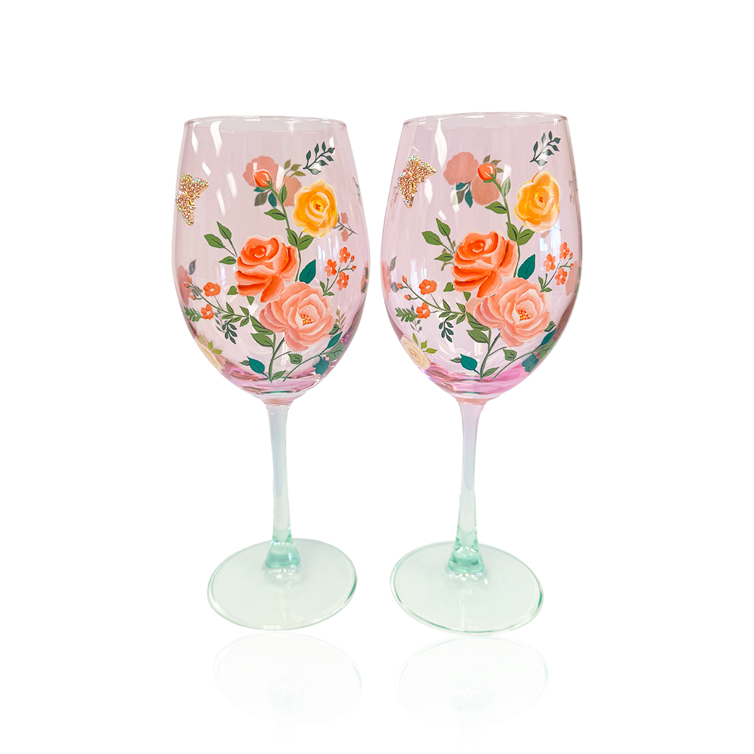 Pink Floral & Jeweled Butterfly Wine Glasses