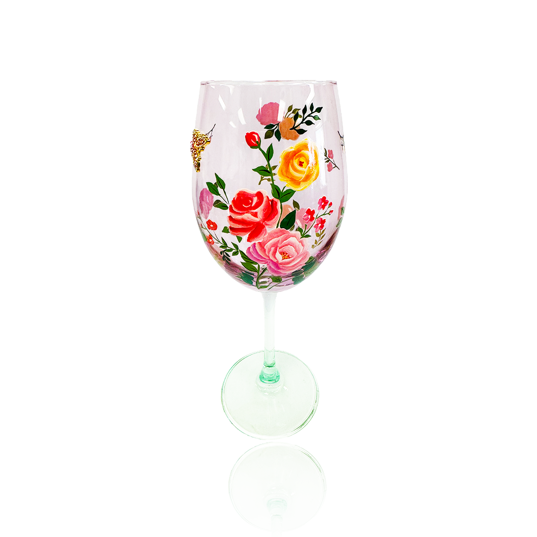 Pink Floral & Jeweled Butterfly Wine Glasses