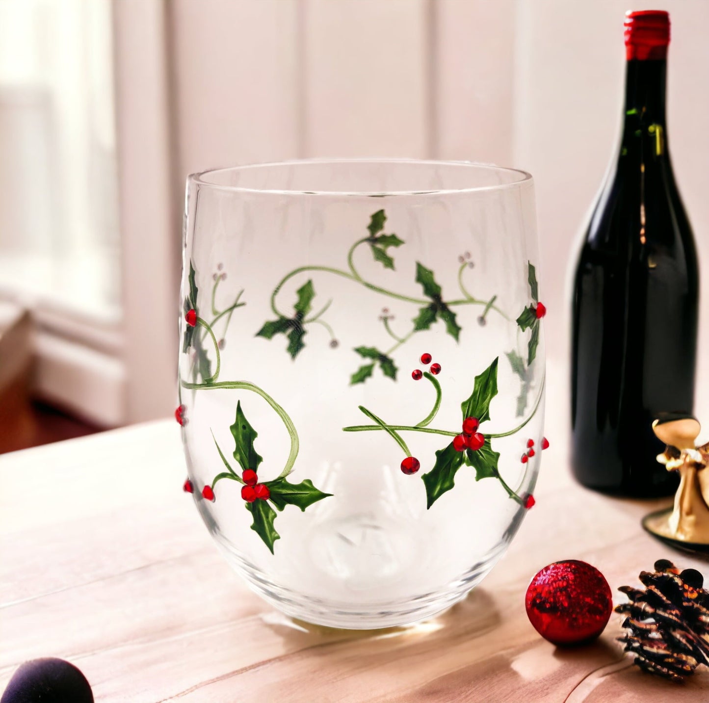 Christmas Wine Glasses (Set of 2) | Hand-Painted Wine Glasses | Winter Holiday Stemless Wine Glasses
