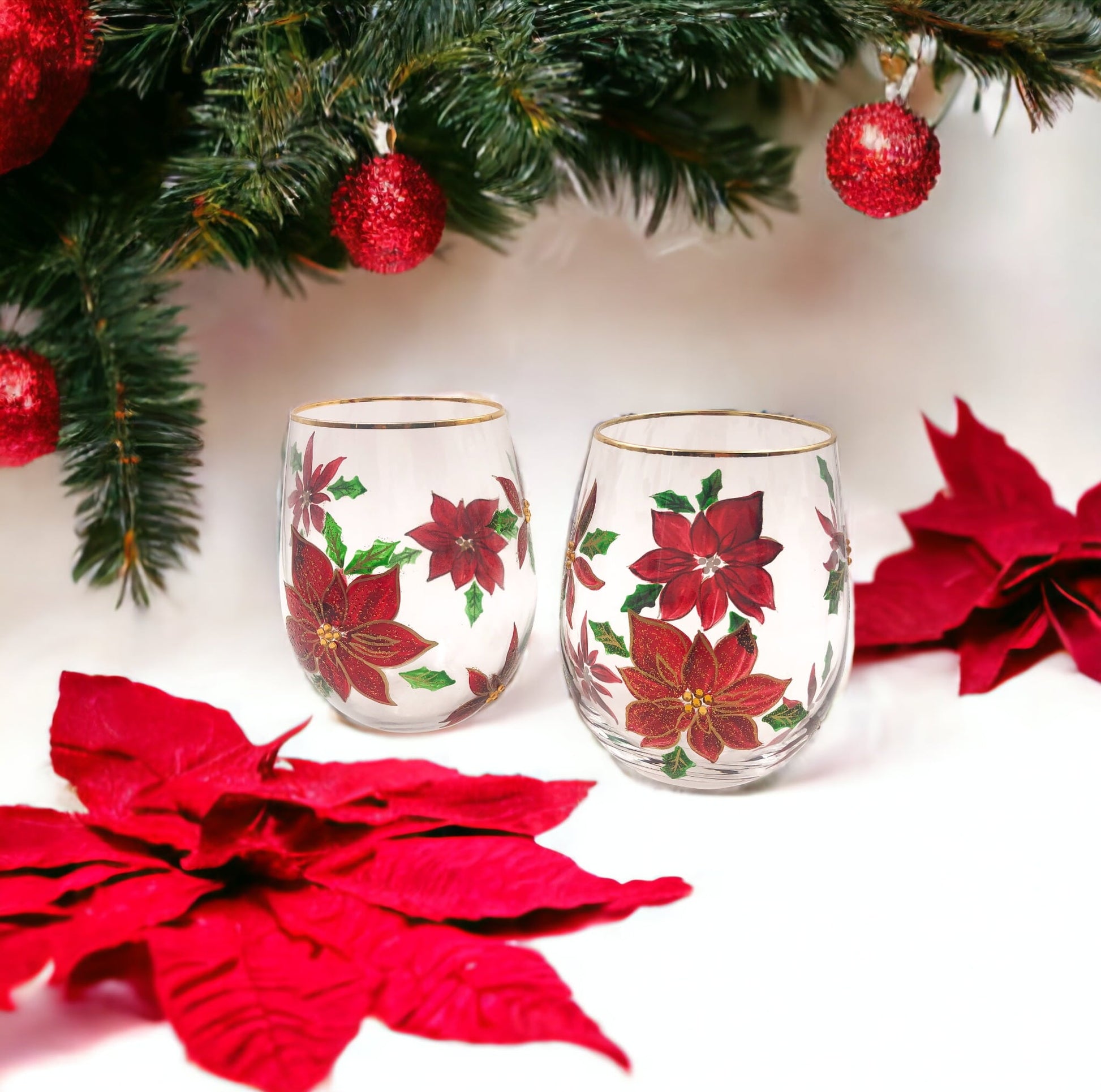 Hand Painted Wine Glasses - Poinsettia - Handmade in the USA