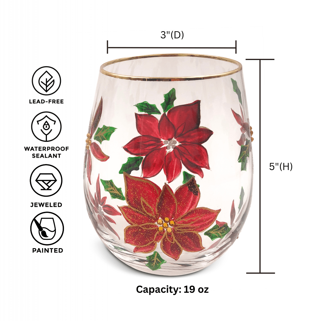 Painted Poinsettia Stemless Glass