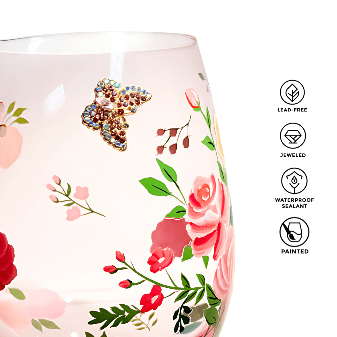 Pink Floral & Jeweled Butterfly Stemless Glasses