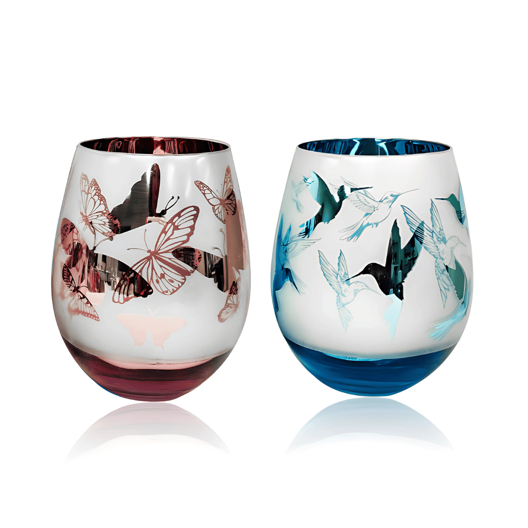 Spring Nature Stemless Glasses - Hummingbird & Butterfly