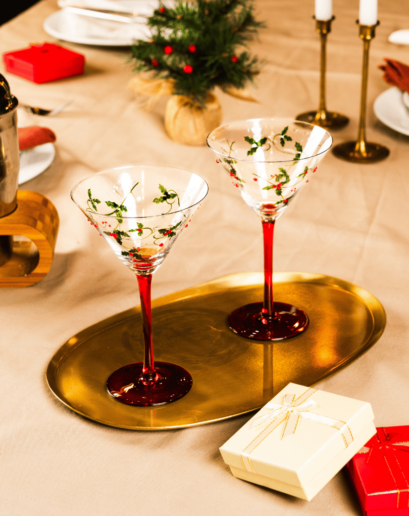 Christmas Martini Glass Candy Cane & Holly Hand Painted Red, White, Green  Holiday Cocktail Glasses 
