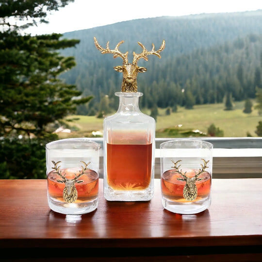 Gold Stag Deer Decanter & Whiskey Glass Set