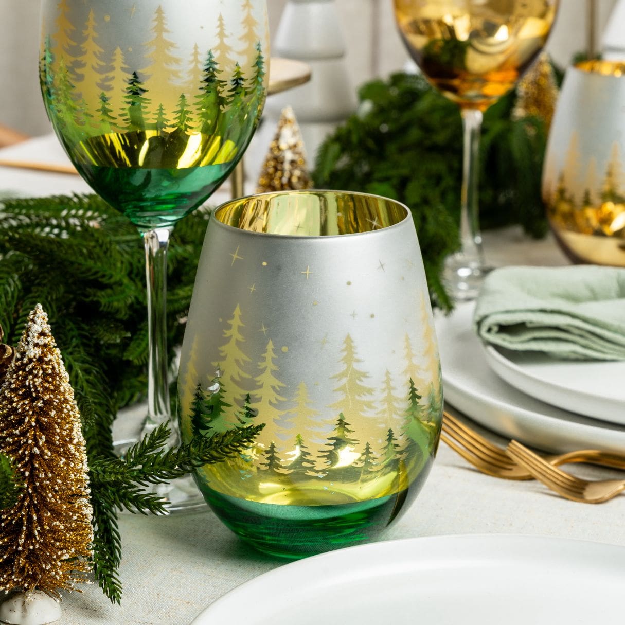 Green Pine Tree Stemless Glasses