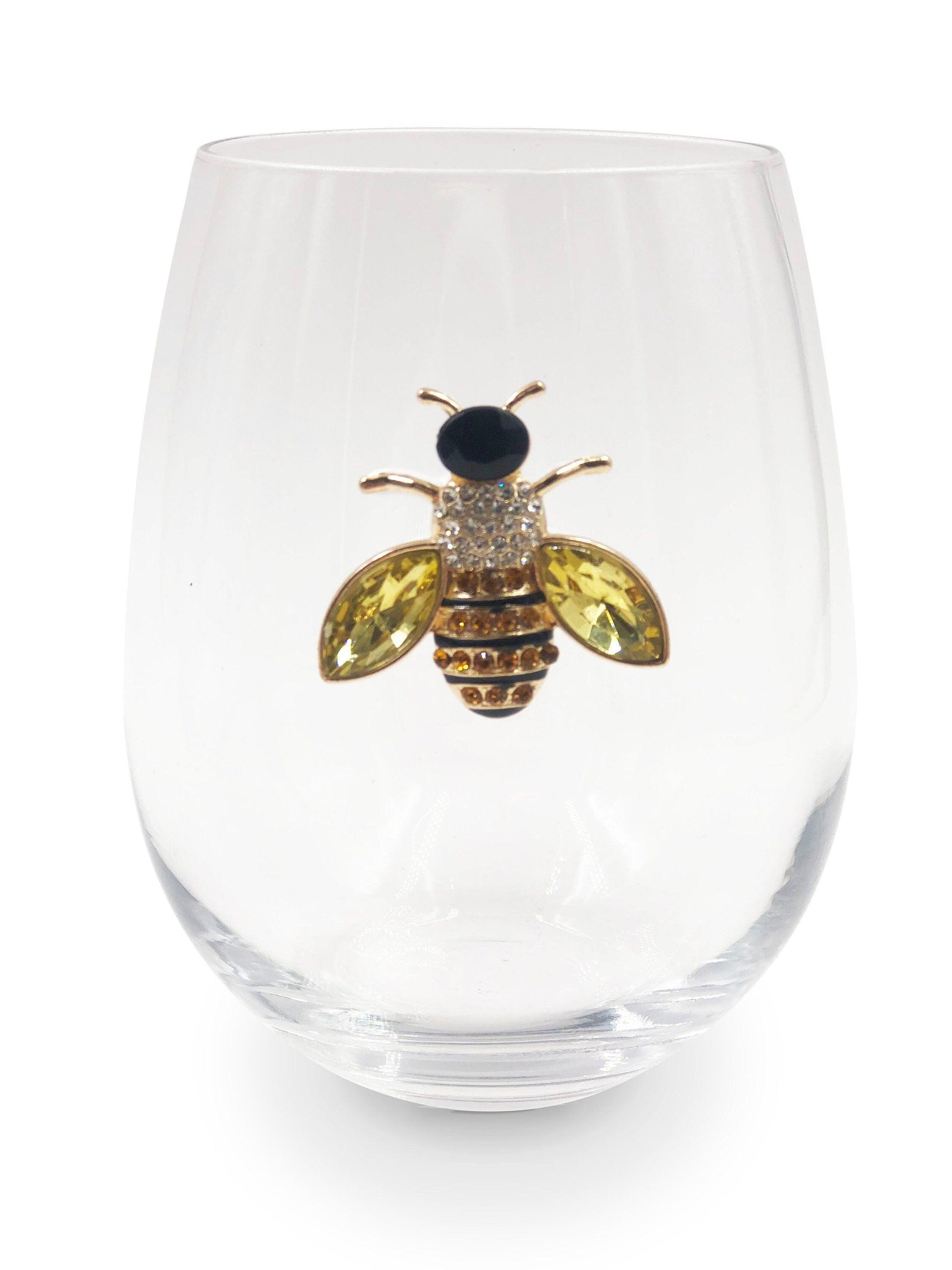 bee stemless wine glasses, bee glasses, bee wine glasses, bee glass, bee wine glass, bedazzled wine glasses