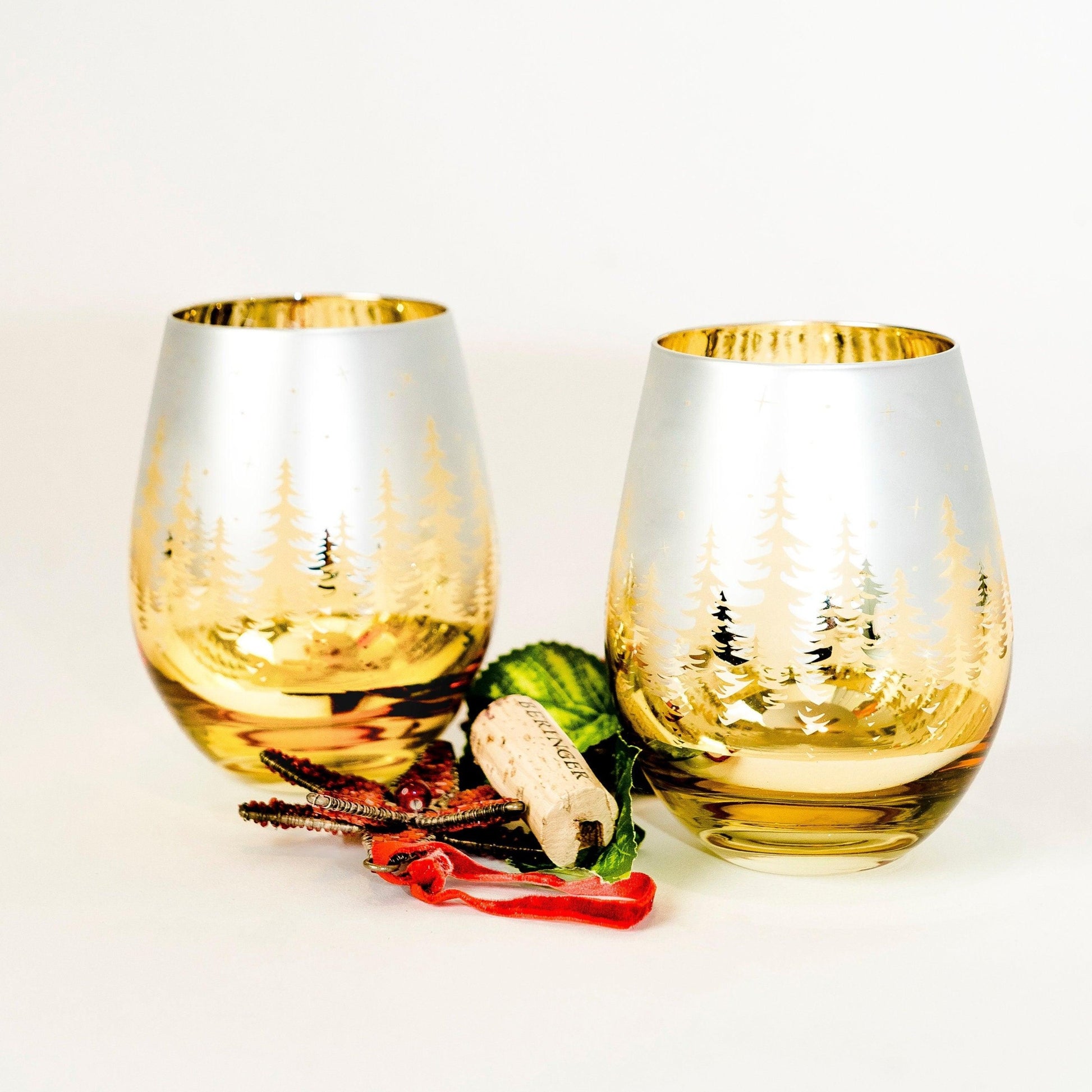 Gold Christmas Stemless Wine Glasses