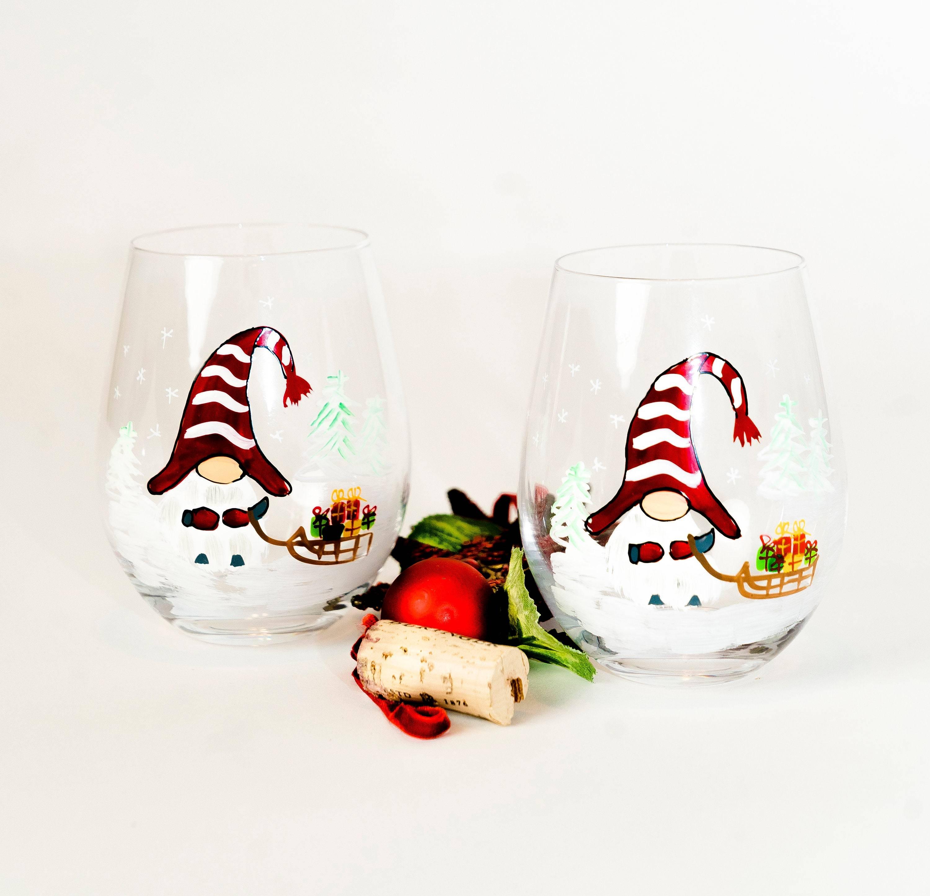 Gnome Wine Glasses (Set of 2) | Painted Wine Glass | Christmas Wine Glasses | Winter Gnome | Gnome Gifts | Christmas Gnome | Christmas Gifts