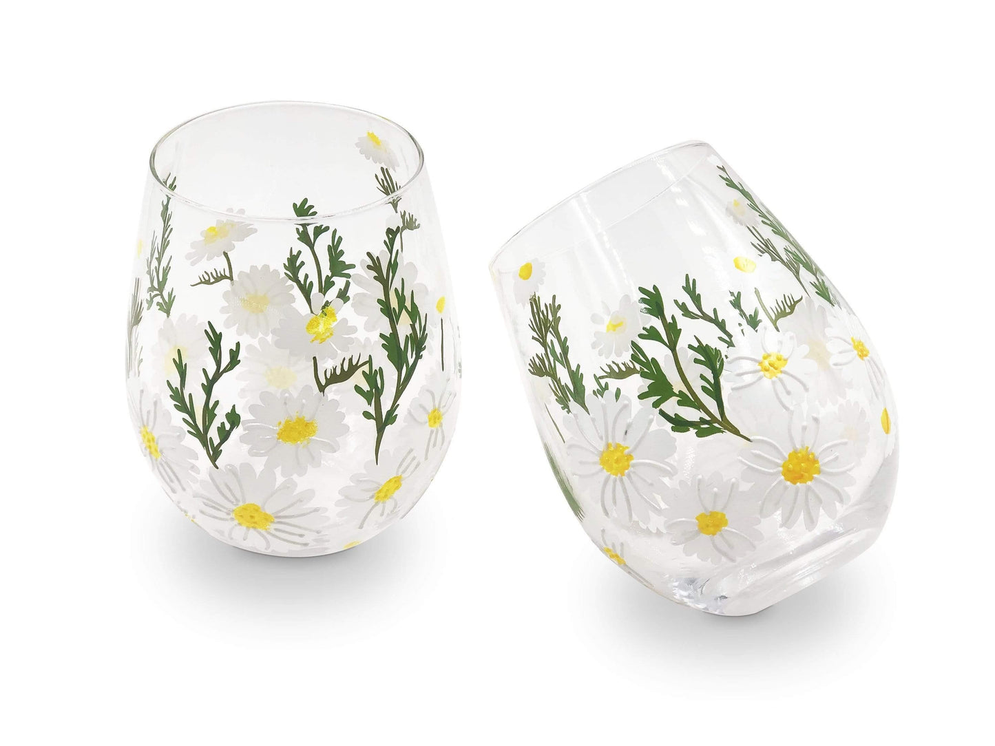 Stemless Painted Daisy Wine Glass  Painted Daisy Wine Glasses – Jersey Art  Glass